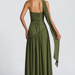 Women’s maxi dress in olive green with corset-style back lace-up and flowing skirt.