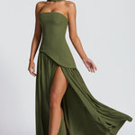 Women’s strapless olive green maxi dress with high side slit and draped overskirt.
