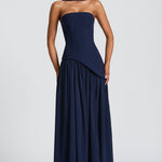 Women’s strapless dark navy maxi dress with gathered waist and flowing skirt