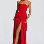 Women’s strapless red maxi dress with high slit and draped ruffle detail