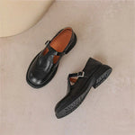 Women's black leather Mary Jane shoes with top strap, buckle closure, thick sole