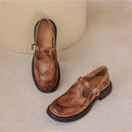 Women's brown leather Mary Jane shoes with ankle strap and buckle, chunky sole