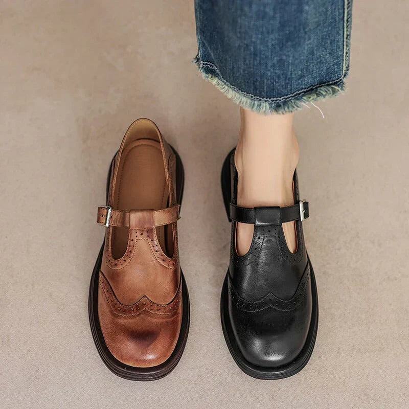 Pair of women's leather Mary Jane shoes in brown and black, buckle strap and thick sole