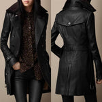 Lisa leather-look 3/4 coat, black back view with belt and flap collar