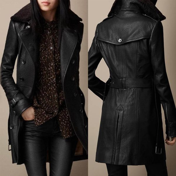 Lisa leather-look 3/4 coat, black back view with belt and flap collar