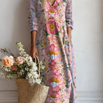 Women’s floral midi dress with V-neck and 3/4 sleeves, loose comfortable fit