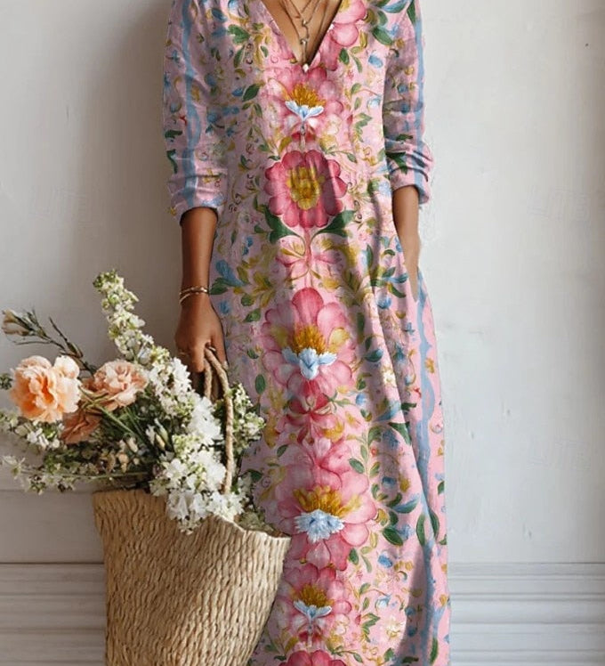 Women’s floral midi dress with V-neck and 3/4 sleeves, loose comfortable fit