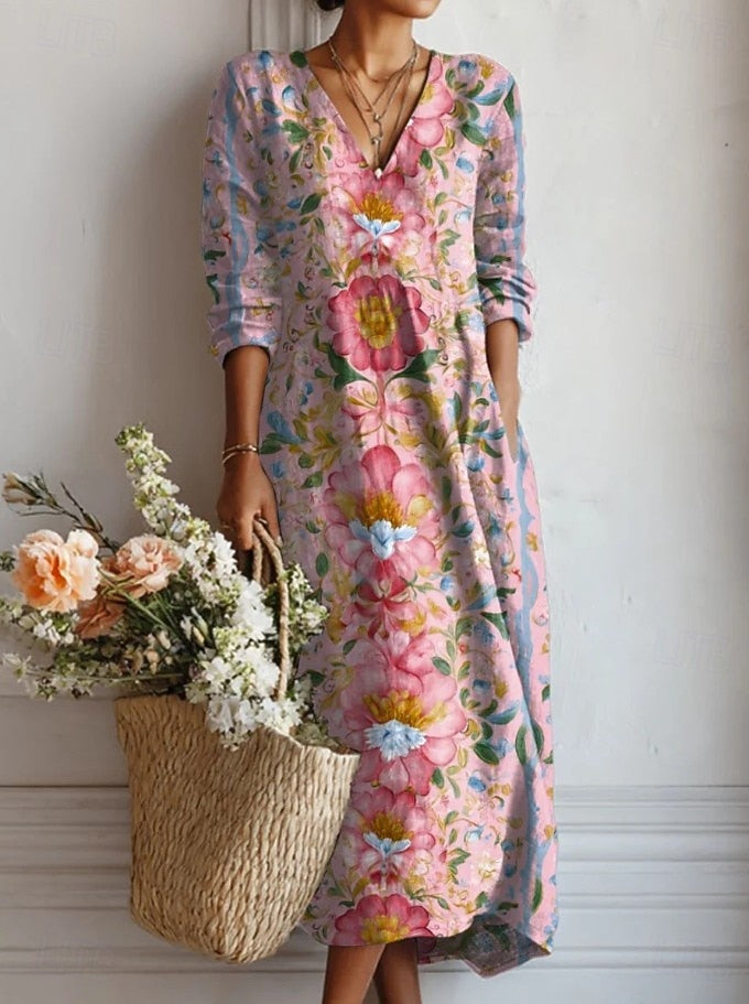Women’s floral midi dress with V-neck and 3/4 sleeves, loose comfortable fit