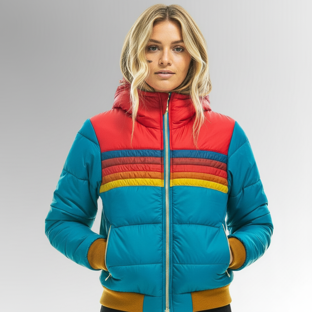 Women's retro striped quilted jacket with high collar, front zip, and ribbed hem