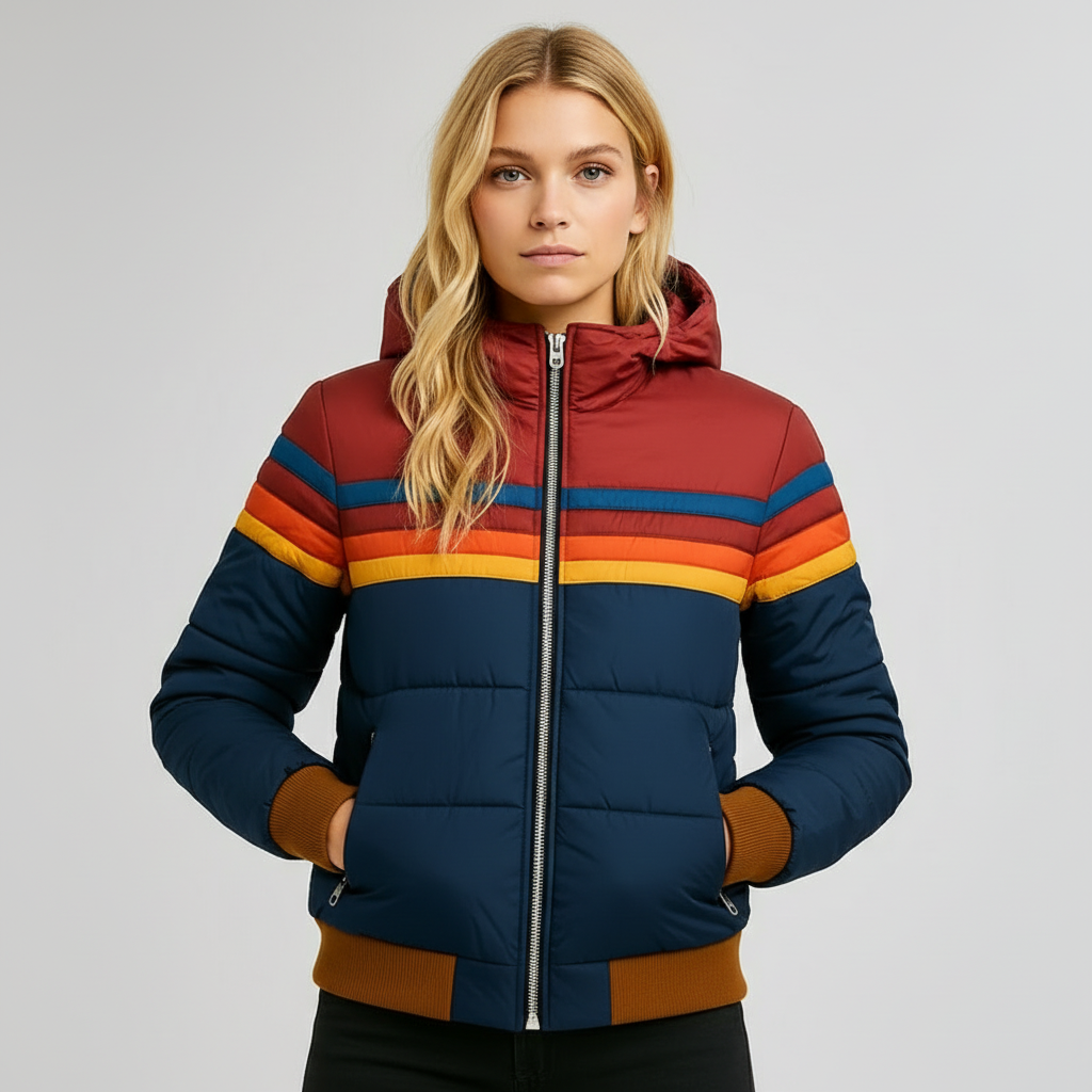 Women's retro striped quilted jacket with zip front, ribbed cuffs, and stand collar