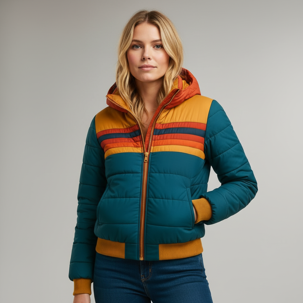 Women's hooded retro striped quilted jacket with front zip, ribbed cuffs, teal