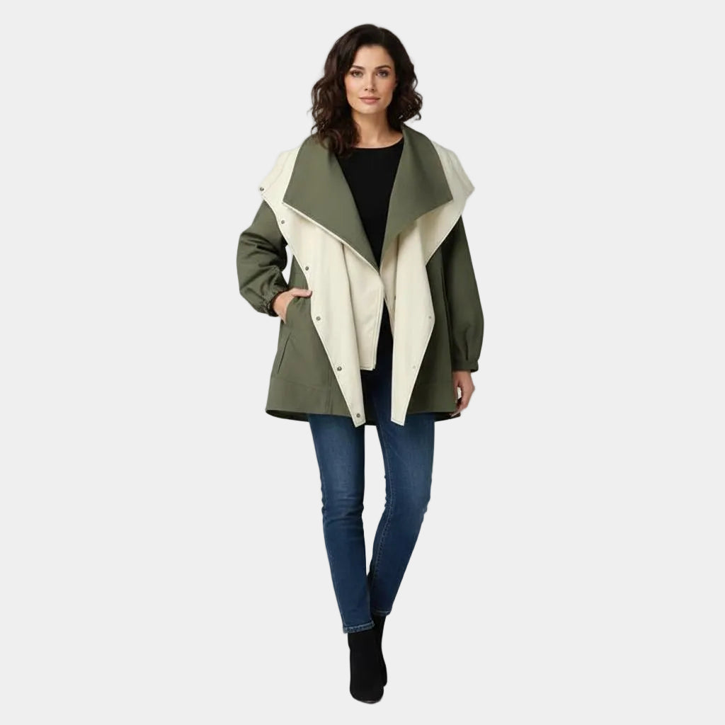 Two-tone hooded parka jacket, olive green with light cream front panel