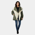 Two-tone hooded parka jacket, olive green with light cream front panel