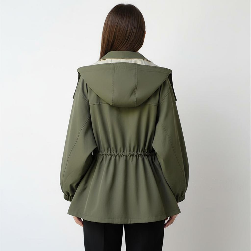 Two-tone hooded parka jacket from back, olive green with cream hood lining