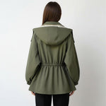Two-tone hooded parka jacket from back, olive green with cream hood lining