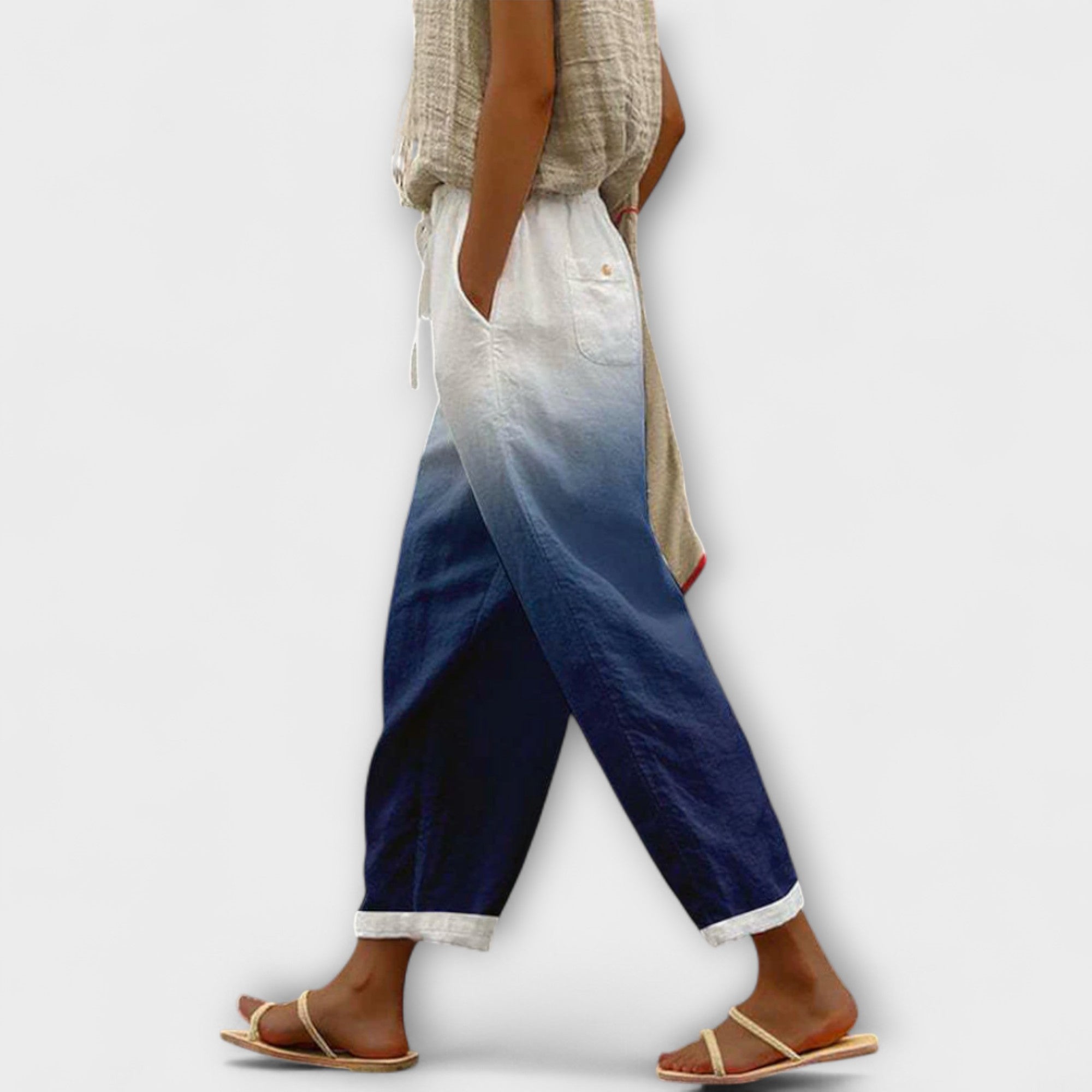 Wide-leg gradient denim-style printed pants from light to deep blue, elastic waist
