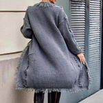 Gray knit cardigan back view with long sleeves and fringe trim along the hem