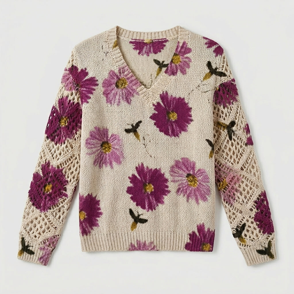 Cream knit floral pullover sweater with violet flowers and crochet-knit sleeve panels
