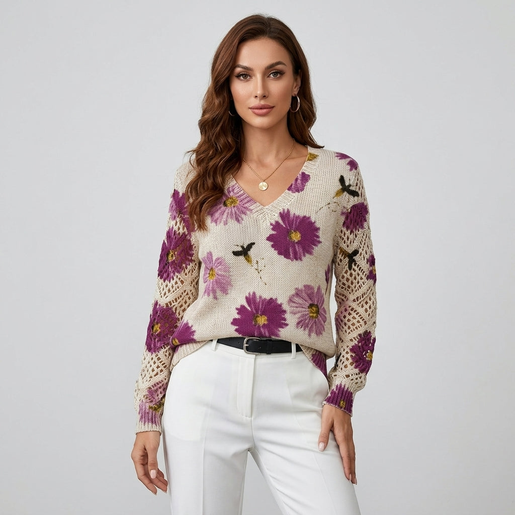 Cream knit floral pullover with violet flowers, V-neck and button; crochet-knit sleeves