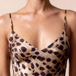 Leopard print slip nightdress with V-neck and spaghetti straps, tan with dark spots