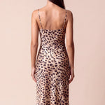 Leopard print slip nightdress with spaghetti straps, low back, tan with dark spots
