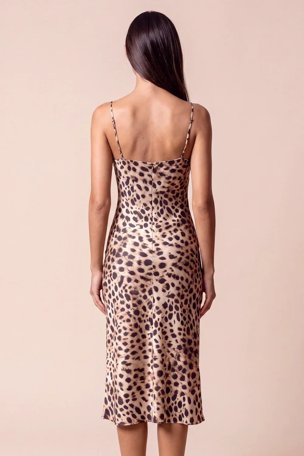 Leopard print slip nightdress with spaghetti straps, low back, tan with dark spots