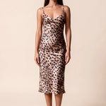 Leopard print slip nightdress with spaghetti straps, midi length, tan with dark spots