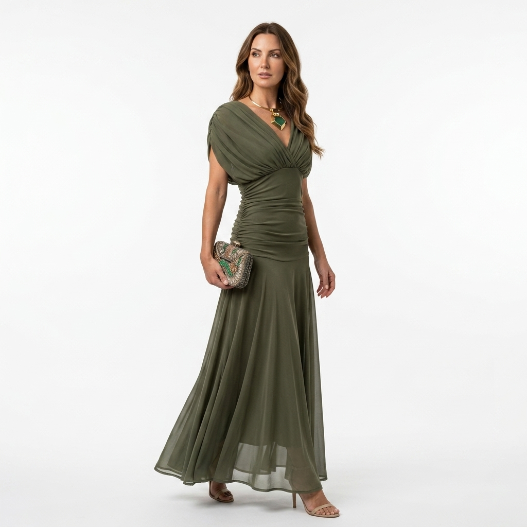 Olive green long V-neck dress with off-shoulder drape sleeves and ruched bodice