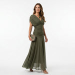 Olive green long V-neck dress with off-shoulder drape sleeves and ruched bodice