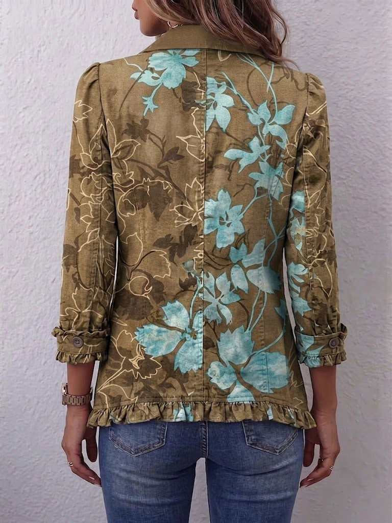 Back view vintage floral jacket, olive-brown with teal gradient, button closure