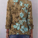 Back view vintage floral jacket, olive-brown with teal gradient, button closure