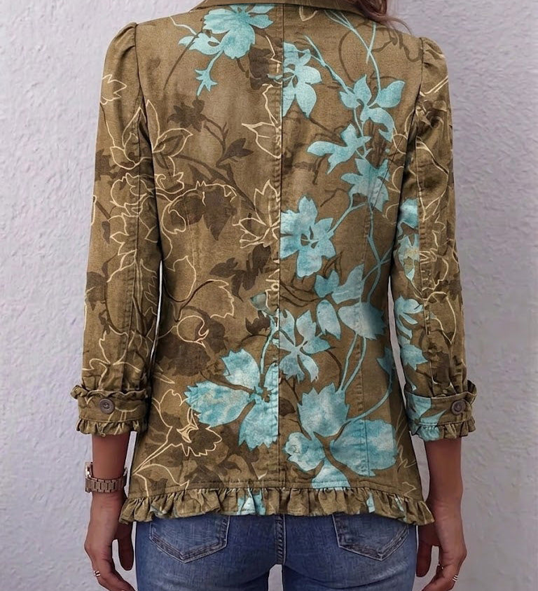 Back view vintage floral jacket, olive-brown with teal gradient, button closure