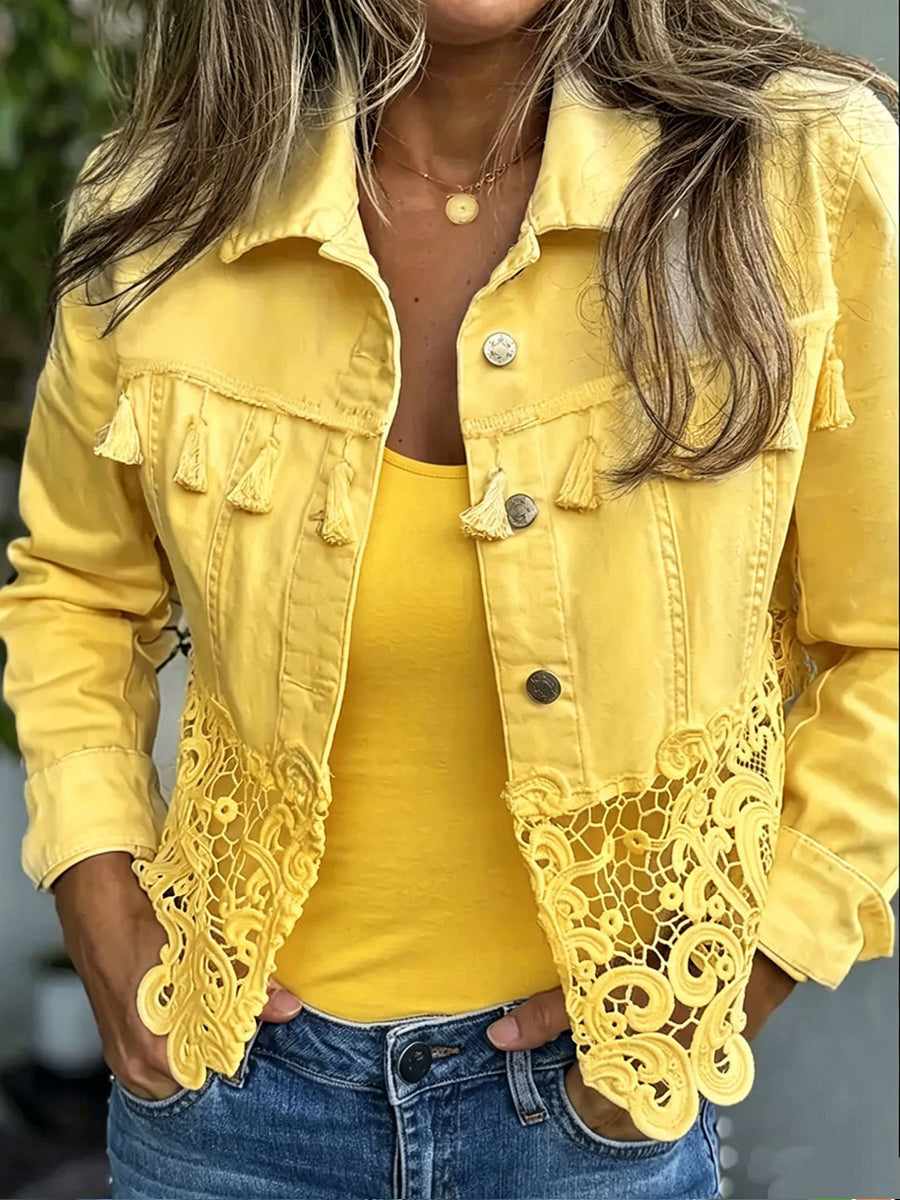 Viviane ruffled lace jacket in yellow with button front and scalloped lace trim