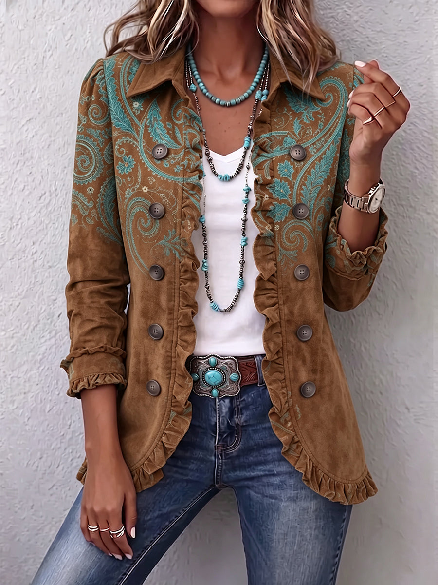 Brown paisley-print jacket with two rows of buttons and brown collar.