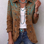 Brown paisley-print jacket with two rows of buttons and brown collar.