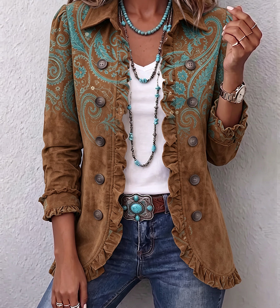 Brown paisley-print jacket with two rows of buttons and brown collar.