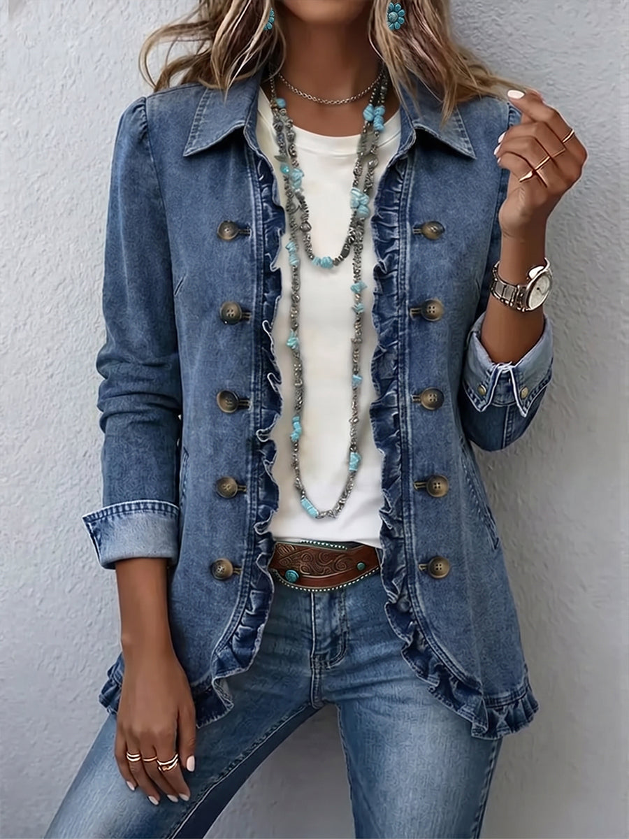 Denim jacket with ruffled front detail and brass buttons, medium blue, cropped view