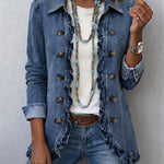 Denim jacket with ruffled front detail and brass buttons, medium blue, cropped view