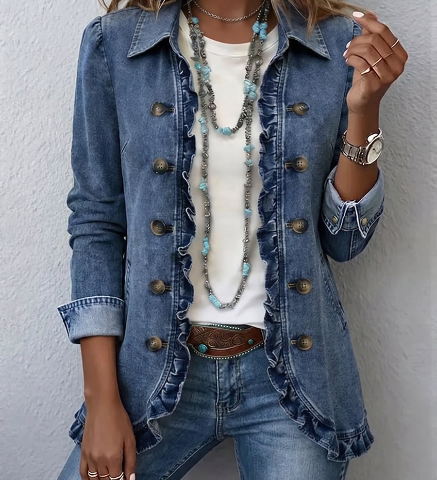 Denim jacket with ruffled front detail and brass buttons, medium blue, cropped view