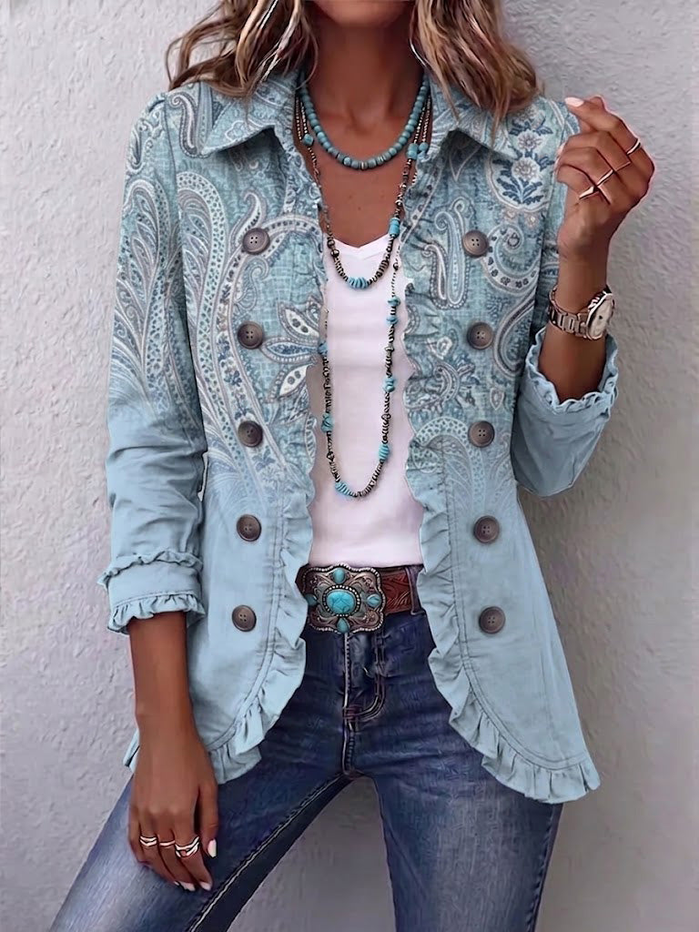 Brigitte vintage paisley print jacket in light blue, button front with ruffled cuffs