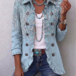 Brigitte vintage paisley print jacket in light blue, button front with ruffled cuffs