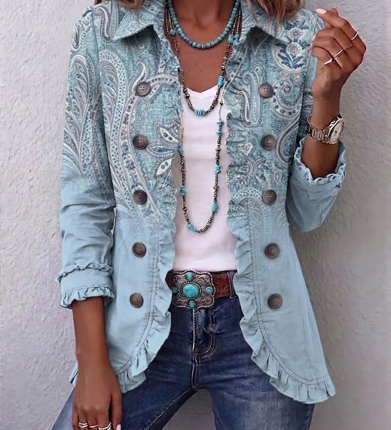 Brigitte vintage paisley print jacket in light blue, button front with ruffled cuffs