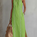 Neon green linen midi dress with Mao collar, sleeveless, embroidered front panel, side slit