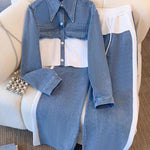 Denim cropped jacket with white color-block panels and wide-leg drawstring pants