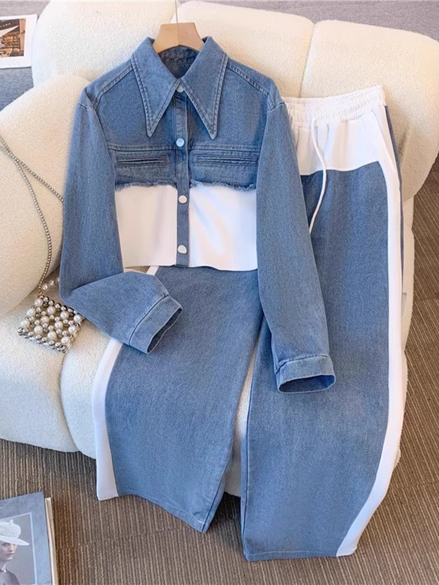 Denim cropped jacket with white color-block panels and wide-leg drawstring pants