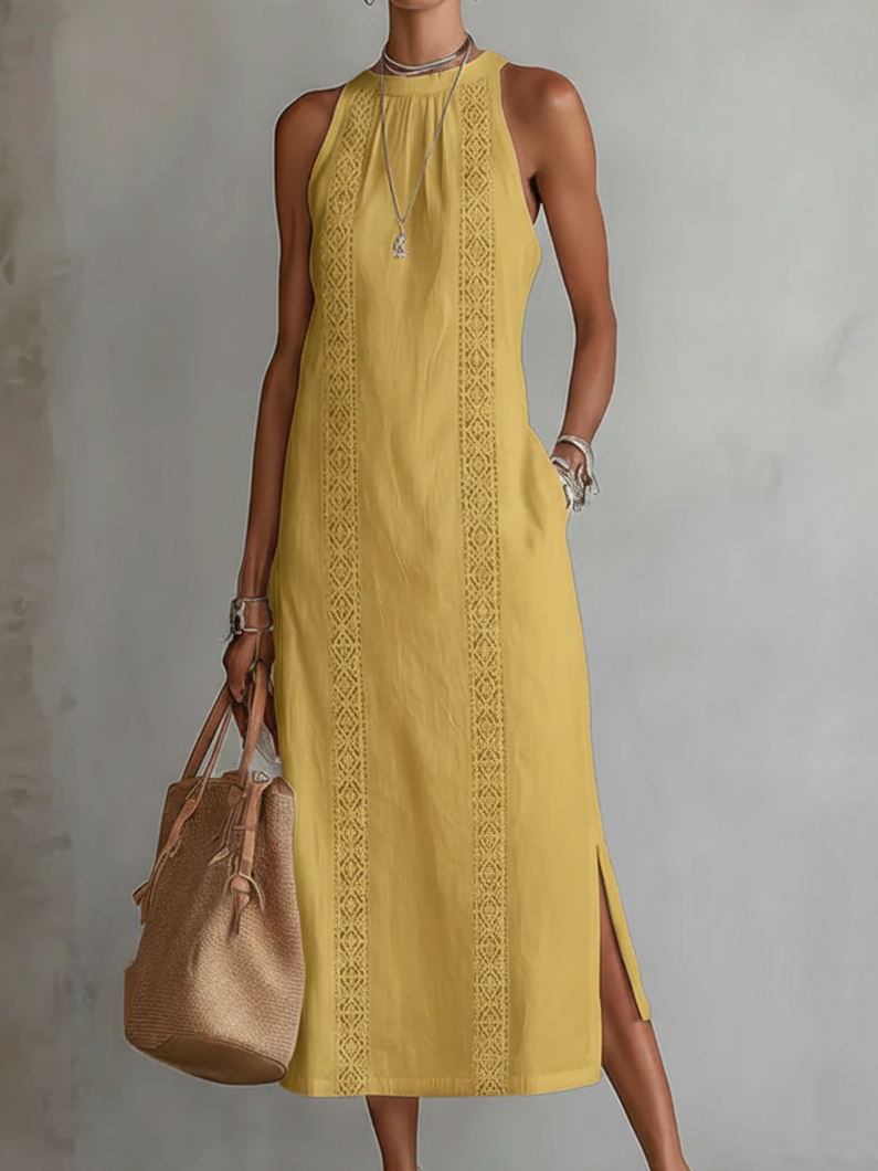 Jimena sleeveless midi dress in mustard yellow with vertical lace trim and side slit