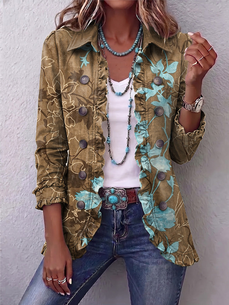 Vintage floral jacket in olive-brown and teal gradient, button-front, ruched cuffs