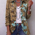 Vintage floral jacket in olive-brown and teal gradient, button-front, ruched cuffs