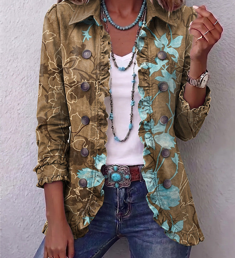 Vintage floral jacket in olive-brown and teal gradient, button-front, ruched cuffs