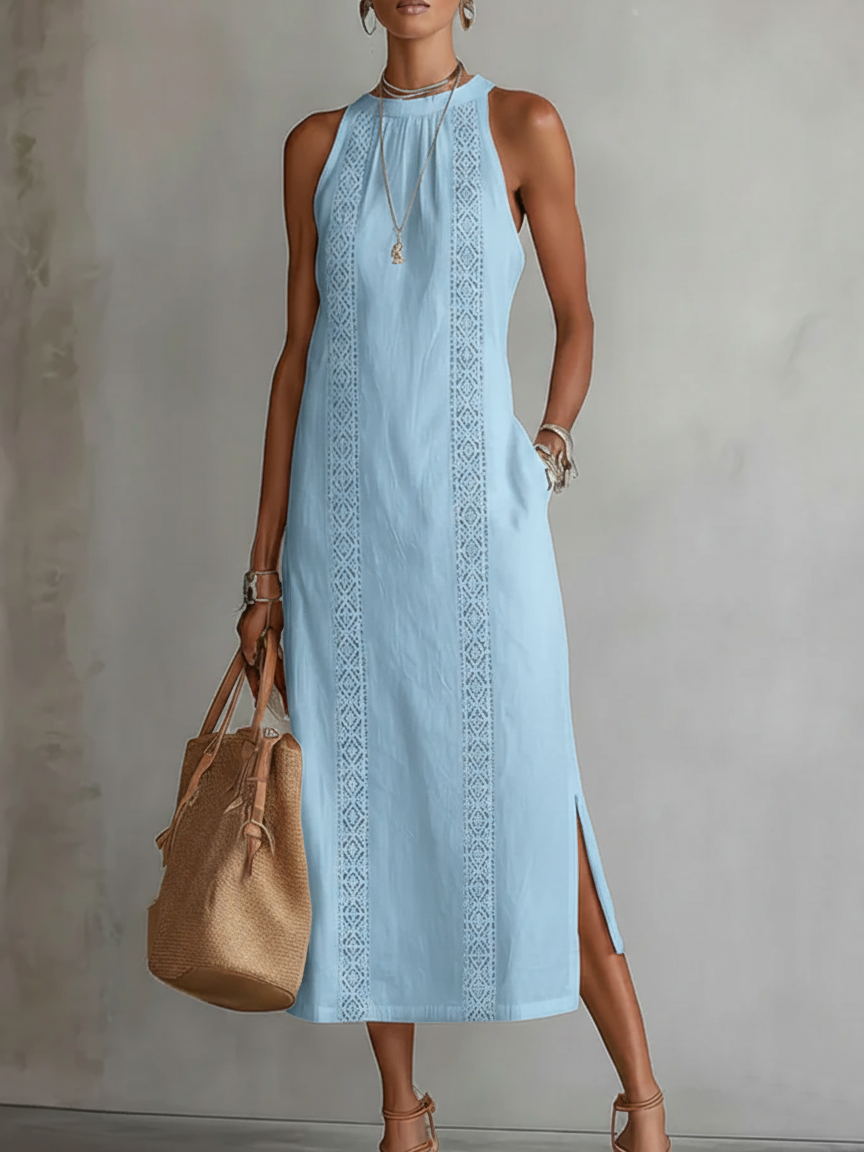 Light blue linen midi dress with Mao collar, sleeveless, embroidered front panel, side slit